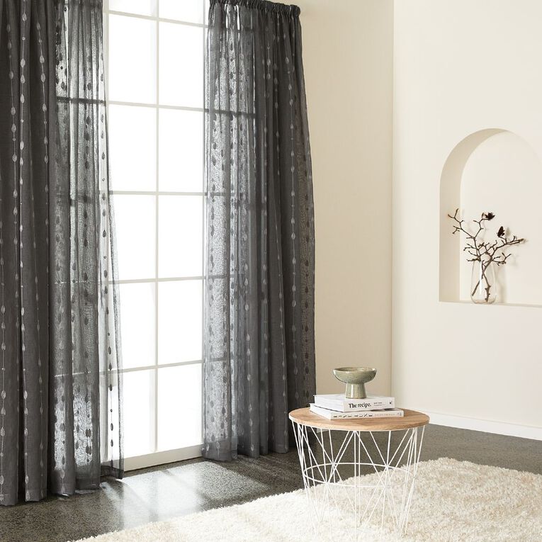 Living & Co Leaf Pencil Pleat Voile Grey 90-180cm Wide/240cm Drop, Grey, hi-res