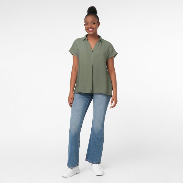 H&H Women's Short Sleeve Collared Blouse, Green Dark, hi-res