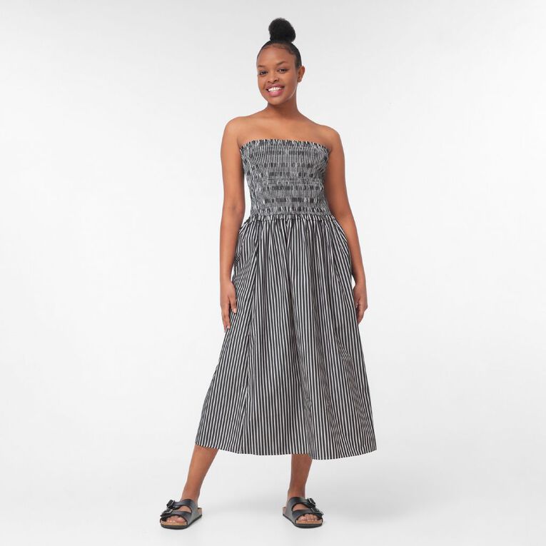 H&H Women's Poplin Shirred Bandeau Dress, Black/White, hi-res